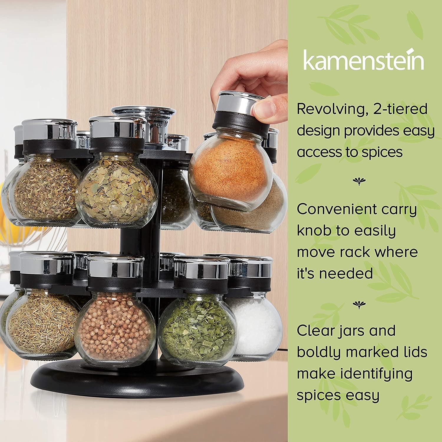 16-jar-ellington-revolving-countertop-spice-rack-with-lift-pour-caps-and-spices-included-free-spice-refills-for-5-years-black-and-chrome