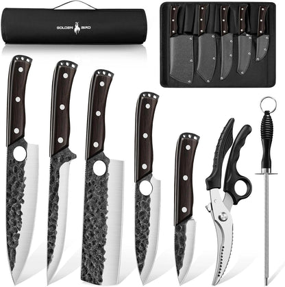 7 PCS Japanese Chef Knife Set with Roll Bag, Gifts for Men | Hand Forged Butcher Knife Set with Sharpening Rod and Poultry Shears for BBQ Camping Kitchen, Gifts for Men Women1