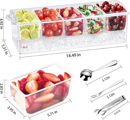 Condiment Tray with Stainless Steel Tableware, Chilled Condiment Server | Bar Accessories with 5 Spoons, 5 Forks and 1 Clip with Removable Trays and Lid4