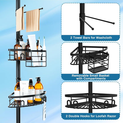 Rustproof Corner Shower Caddy Freestanding Tension Pole, 4 Large Baskets for Bathtub Shampoo Storage Organizer Bathroom Height Adjustable Shelves from 23.6 to 114.5 Inch with Towel Bar3
