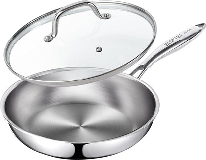 10 Inch Tri-Ply Stainless Steel Frying Pan with Lid,Whole-Clad No Coatings Skillet with Stay-Cool Handle for Cooking,Dishwasher and Oven Safe,Induction Pans1