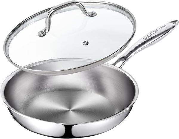 10 Inch Tri-Ply Stainless Steel Frying Pan with Lid,Whole-Clad No Coatings Skillet with Stay-Cool Handle for Cooking,Dishwasher and Oven Safe,Induction Pans1