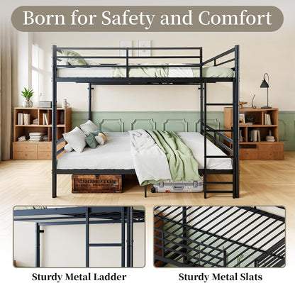 Queen over Queen Metal Bunk Bed with Ladder and High Guardrails, Convertible into 2 Queen Beds,770 Lbs Bottom & 550 Lbs Top Capacity, Heavy-Duty Slat Support, No Box Spring Needed5