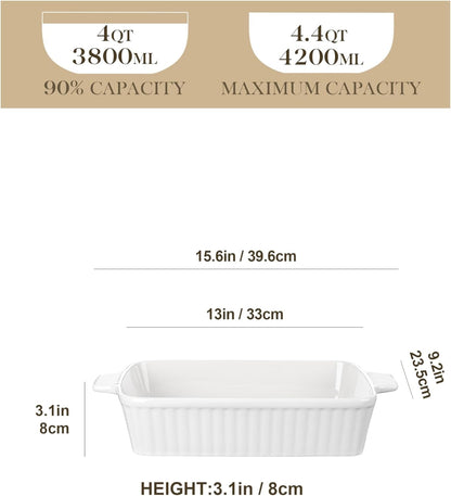 4.4QT Ceramic Casserole Dishes for Oven, 9X13 Baking Dishes, White | Rectangular Lasagna Pan with Handles, Ceramic Baking Dish, Deep Roasting Pan, Microwave and Dishwasher Safe, Wedding Gift2