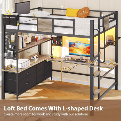 Full Loft Bed with Desk and 5 Storage Drawers, Oak Gray5