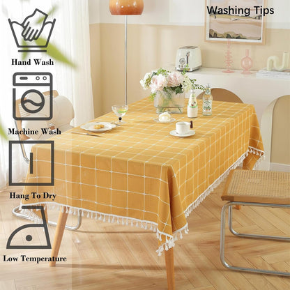 Rustic Plaid Cotton Linen Tablecloth Checkered Waterproof with Tassel Table Cover Decoration for Kitchen Dining Christmas Party 55" X 70", Rectangle, Yellow, 4-6 Seats6