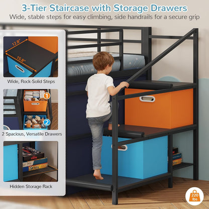 Twin Low Loft Bed with Slide and Safety Staircase, 2 Storage Drawers, Kids Twin Size Loft Bed with LED Lights, Under-Bed Play Tent, Built-In Desk, Metal Loft Bed with Safety Guardrail, Black and Blue4
