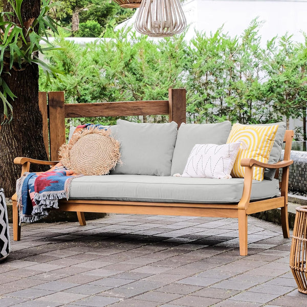 Robin Teak Wood 4 Piece Patio Conversation Set with Oyster Cushion, Patio Furniture Set with Sofa Bed, 2 Outdoor Club Chairs, and 1 round Coffee Table, Weather-Resistant3