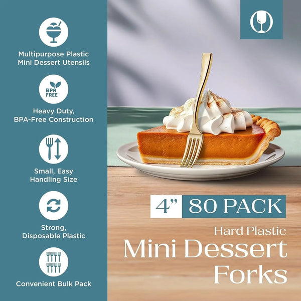 80 Pack Disposable Gold Mini Plastic Fork 4In Appetizer Dessert | Mini 4-Inch Forks. Gold Plastic Design. Disposable Tableware. Dessert, Appetizer & Tasting Use. 80 Pack Value2