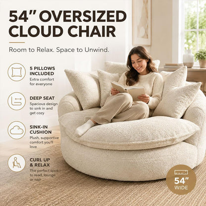Oversized round Lounge Chair Indoor, 56" Deep Seat Circle Sofa with Double Armrests & Pillows, Fluffy Cloud Chenille Couch, No Assembly Reading Chair for Living Room, Bedroom, Apartment,Beige7