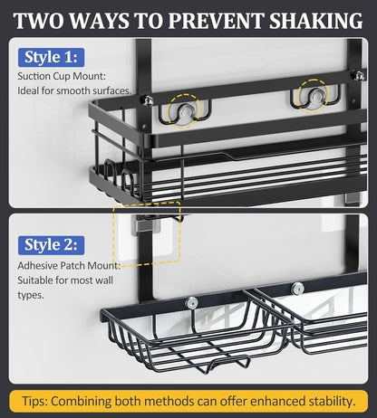 Shower Caddy Hanging over the Shower Head - Rustproof Shower Organizer Hanging with Soap Scrub Holder, Non-Slip Stainless Steel Bathroom Storage Rack & Shelves, No Drilling, Black6