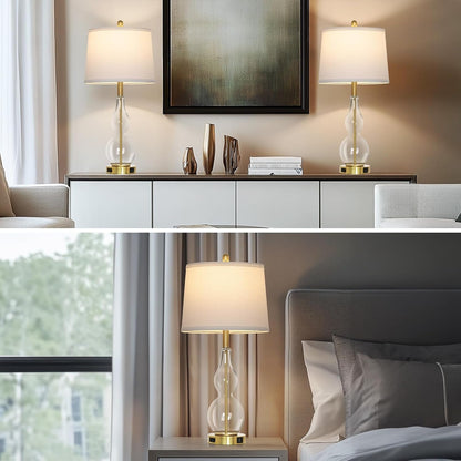 27.5" Clear Glass Table Lamp Set of 2,3-Way Dimmable Touch Control Bedside Lamps with USB Ports and AC Outlet, Modern Nightstand Lamps Gold Lamp for Bedroom Living Room6
