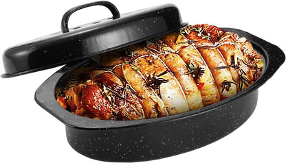 Granite Roaster Pan, Small 13” Enameled Roasting Pan with Domed Lid. Oval Turkey Roaster Pot, Broiler Pan Great for Small Chicken, Lamb. Dishwasher Safe Cookware Fit for 7Lb Bird8