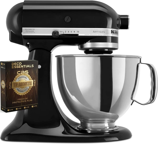 Kitchenaid Artisan Series 5 Quart Tilt Head Stand Mixer with Pouring Shield KSM150PS, Onyx Black Bundle with Deco Essentials Exclusive CPS 1 Year Extended Protection Pack1