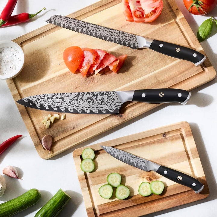 HENCKELS Compass Damascus 3-Pc Starter Damascus Knife Set | Kitchen Knife Set, Chef, Utility & Paring Knife, Informed by 100+ Years of Mastery, Dishwasher Safe, Ergonomic Handles+2