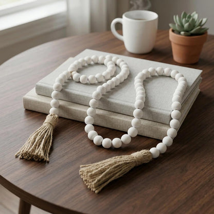 Farmhouse Beads Long Length Solid Wood Bead Boho Tassel Garland - Rustic Country Solid Beaded Boho Chic Decor for Wall, above Cabinet & Table6