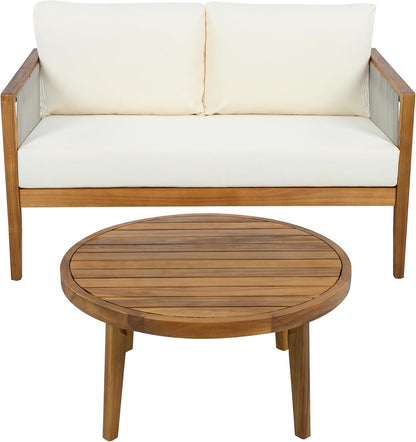 Lalulu 4-Seater Patio Furniture Set with Cushion, 4 Piece Outdoor Acacia Wood Conversation Set, Sold Wood Outdoor Sectional Sofa Set with Coffee Table, Teak+Beige6