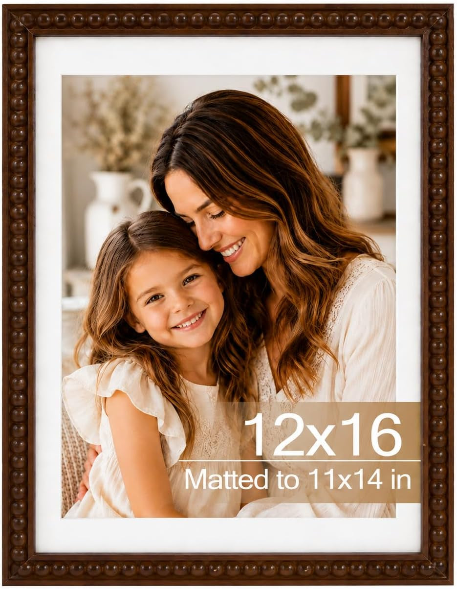 solid-wood-12x16-picture-frame-beaded-frame-with-11x14-mat-rustic-vintage-12-by-16-photo-frame-matted-with-plexiglass-for-wall-display-brown