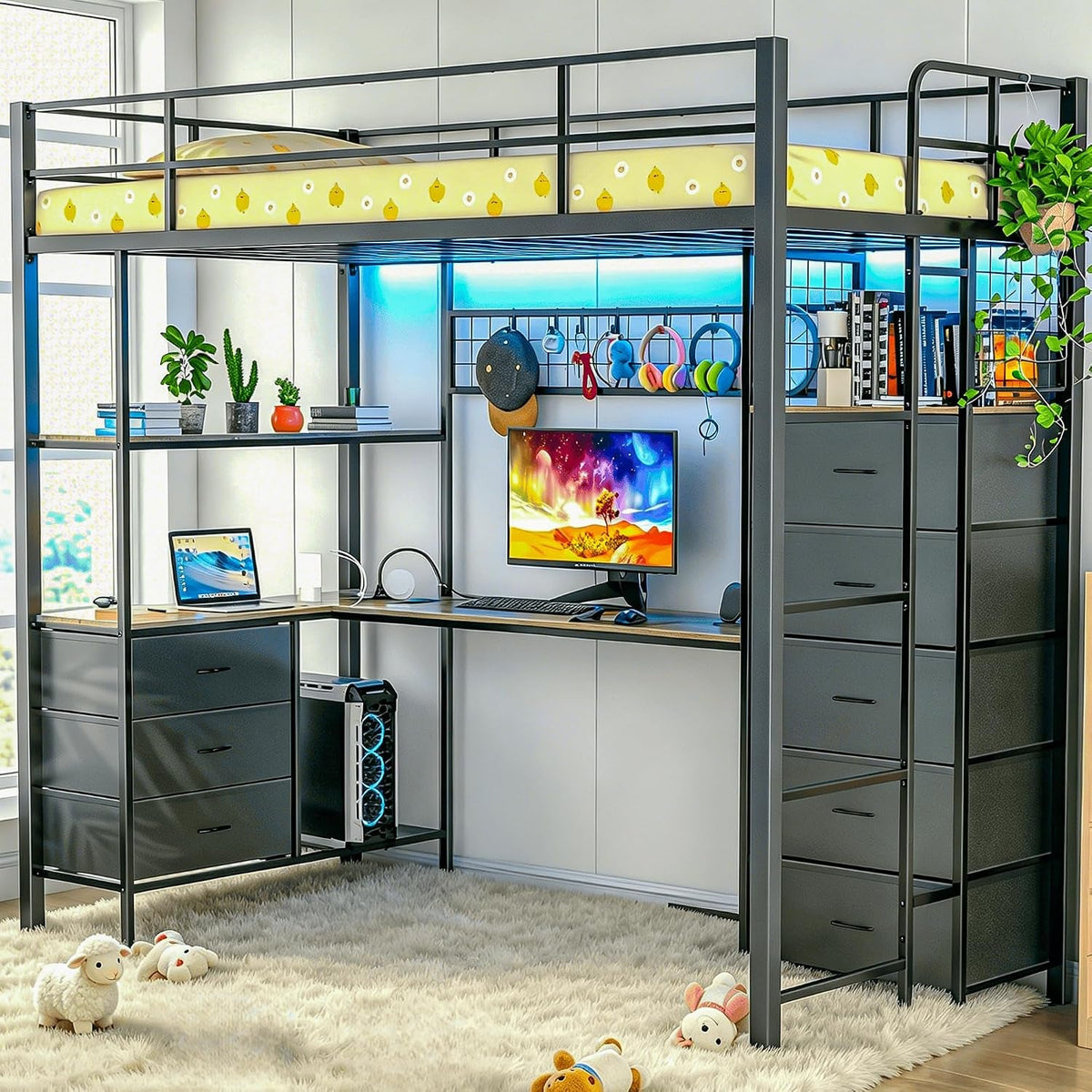 twin-size-loft-bed-with-l-shaped-desk-rgb-led-lights-power-outlet-metal-loft-bed-frame-with-8-fabric-drawers-open-shelves-hanging-hooks-gaming-for-teens-kids-bedroom-black