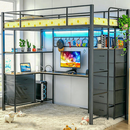 Twin Size Loft Bed with L Shaped Desk, RGB LED Lights & Power Outlet, Metal Loft Bed Frame with 8 Fabric Drawers, Open Shelves & Hanging Hooks, Gaming for Teens Kids Bedroom, Black1