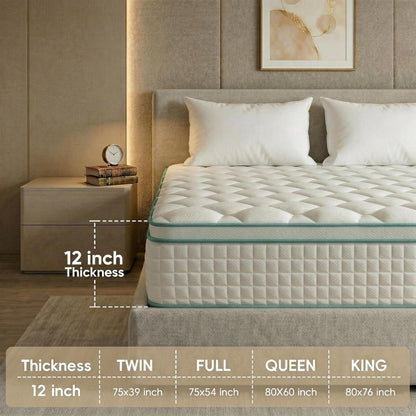 Queen Size Mattress 12 Inch, Hybrid Mattresses Medium Firm Mattress Bed in a Box, Memory Foam and Individual Pocket Springs, Fiberglass Free & Pressure Relief, Certipur-Us, 80"×60"×12"5