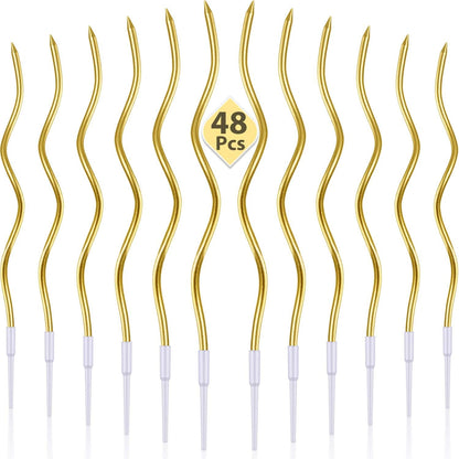 48 Pcs Swirl Birthday Candles with Holders Metallic, Metallic Gold1