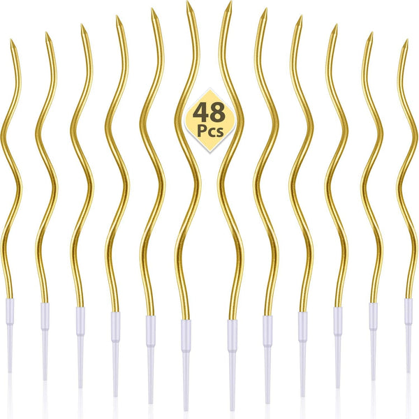 48 Pcs Swirl Birthday Candles with Holders Metallic, Metallic Gold1