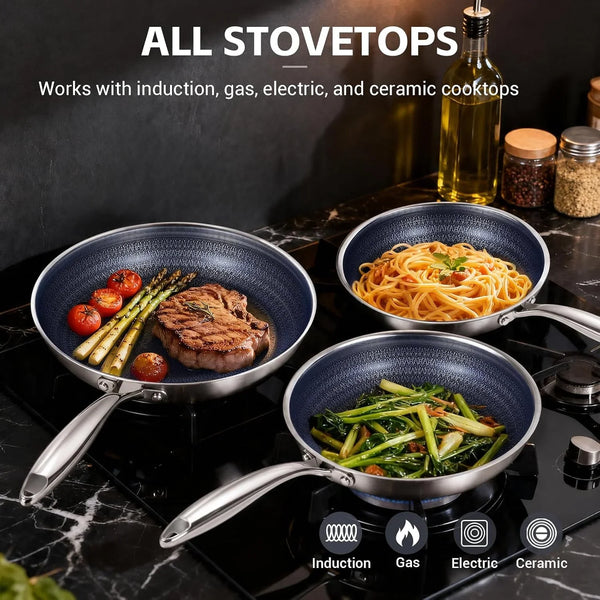 3 Pcs Non Stick Frying Pans Set, 8", 10", 12" Stainless Steel Pans | Skillet and Frying Pans Nonstick, Stay Cool Handle, PFOA/PFAS/PTFE Free, Dishwasher & Oven Safe, Induction Compatible, Blue9