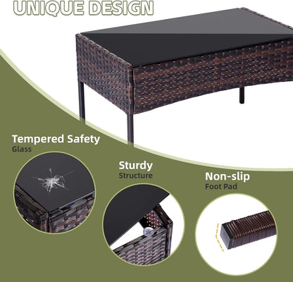 Patio Furniture Set 4 Pieces, Outdoor Rattan Furniture with Tempered Glass Coffee Table, Modern Rattan Patio Chairs Conversation Sets with Sofa for Garden, Terrace, Porch, Lawns Brown/Red7