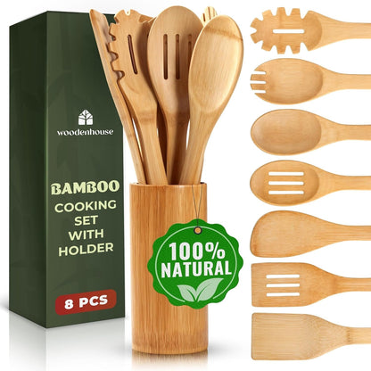 Bamboo Cooking Utensils Set 7 Pcs with Holder, Wooden Spoons for Nonstick1