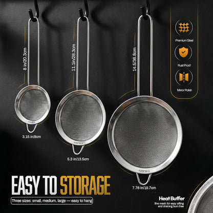 Premium Stainless Steel Fine Mesh Strainers for Kitchen 3-Piece Set with Non-Slip Handle, Small, Medium & Large Sieves, Colanders and Sifter for Sifting, Straining, Pastas Tea, Rice Vegetables8