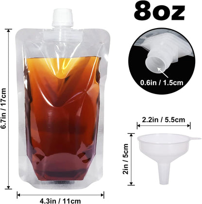 Plastic Pouches - Leak-Proof, Reusable, Flexible Juice Bags, Bpa-Free for Travel, Outdoor Sports, Concerts, Events (8OZ - 10PCS + 2 Funnels)5