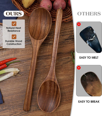 2PCS Wooden Spoons for Cooking, Natural Acacia Wood Cooking Spoons, Large Serving Spoons for Nonstick Cookware, Heat Resistant Durable Wooden Kitchen Utensils for Mixing Salad, Serving and Stirring6