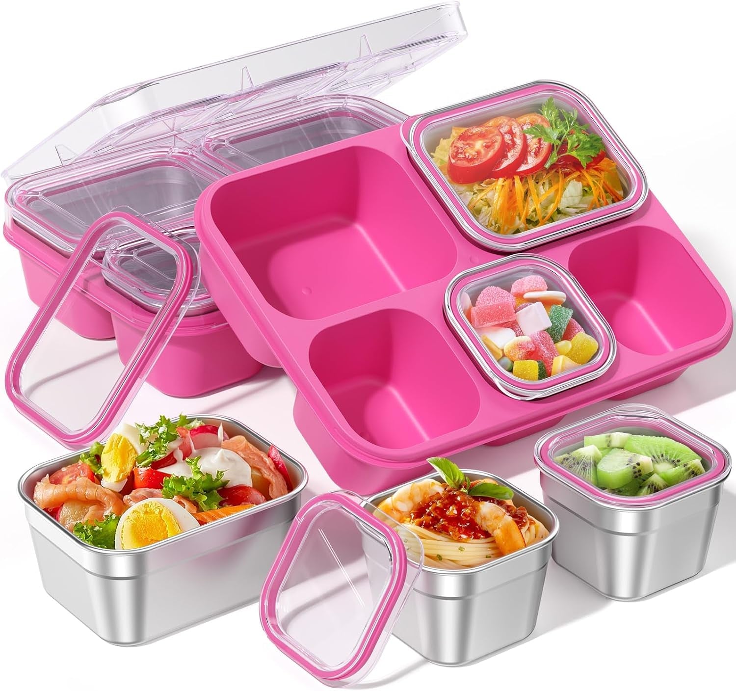 snackle-box-containers-stainless-steel-5-compartments-divided-serving-tray-with-lid-removable-leakproof-portable-bento-box-for-fruit-candy-nuts-food-school-picnic-and-travel-pink