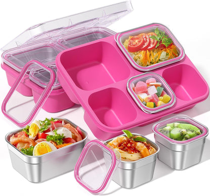 Snackle Box Containers, Stainless Steel 5 Compartments Divided Serving Tray with Lid, Removable Leakproof Portable Bento Box for Fruit Candy Nuts Food - School, Picnic and Travel（Pink）1