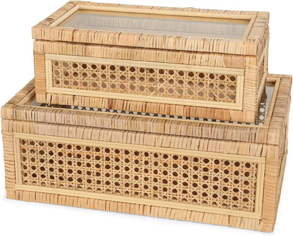 Large Handwoven Boho Rattan Display Boxes with Glass Lids Set of 2 | Rectangular Decorative Storage Bins Natural Woven Cane Home Decor Organizers (15.55" X 9.64" X 5.9" & 12.48" X 6.88" X 4.52")1