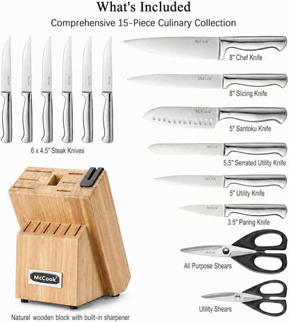 Knife Set Kitchen Steel Knife Block Set W Built-In Sharpener2