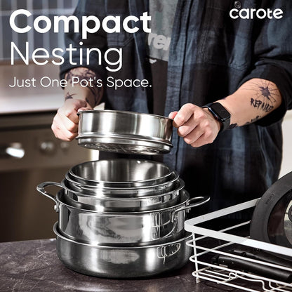 18Pcs Tri-Ply Stainless Steel Cookware Set with Detachable Handle | Pots and Pans Set, Even Heating, Non-Toxic, Induction Compatible, Dishwasher& Oven Safe, Space Saving, Camping Cooking, Black6