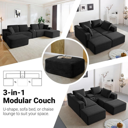 150 Inch Modular Sectional Sofa Couch, Oversized Modern Cloud Couch for Living Room, U Shape Couches with 2 Ottomans, USB Ports and Cup Holders, Black Corduroy Boneless Sofas, Sofa in a Box5
