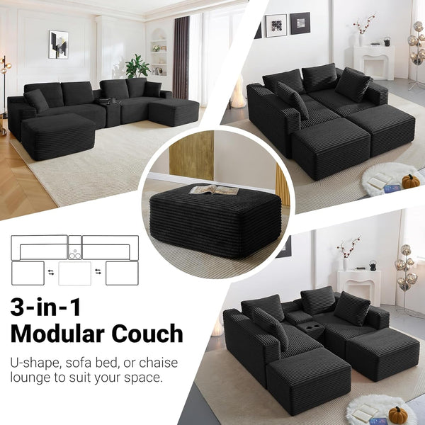 150 Inch Modular Sectional Sofa Couch, Oversized Modern Cloud Couch for Living Room, U Shape Couches with 2 Ottomans, USB Ports and Cup Holders, Black Corduroy Boneless Sofas, Sofa in a Box5