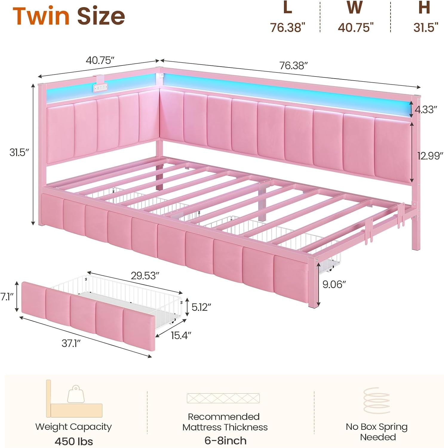 twin-corner-bed-frame-with-2-storage-drawers-and-charging-station-velvet-girls-platform-bed-frame-twin-size-with-led-lights-and-upholstered-guardrail-twin-size-daybed-for-kids-and-teen-pink