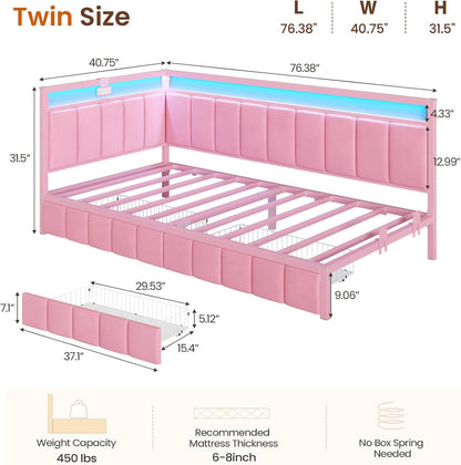 Twin Corner Bed Frame with 2 Storage Drawers and Charging Station Velvet Girls Platform Bed Frame Twin Size with Led Lights and Upholstered Guardrail,Twin Size Daybed for Kids and Teen,Pink2