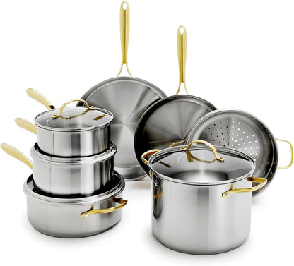 Stainless Steel Cookware Set, 11 Piece, Induction Cookware, Dishwasher Safe, Oven Safe to 600F, Large 8QT Stock Pot, Sauce, Saute, Frying Pans, Pots & Pans Kitchen Essentials, Gold1