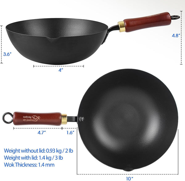 10 Inch Carbon Steel Wok for Electric, Induction and Gas Stoves (Lid and User Guide Video Included)2