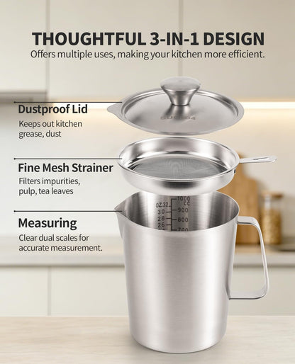 304 Stainless Steel Measuring Cup with Lid, Strainer, 32Oz Pitcher for Milk3