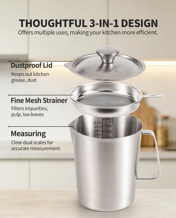 304 Stainless Steel Measuring Cup with Lid, Strainer, 32Oz Pitcher for Milk3