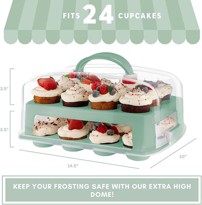 EXTRA TALL DOME 24 Cupcake Carrier, Green Cupcake Holder Carries 24 Cupcake Storage Container, Muffin Traveler Two Tier Stand Reusable Cupcake Box5