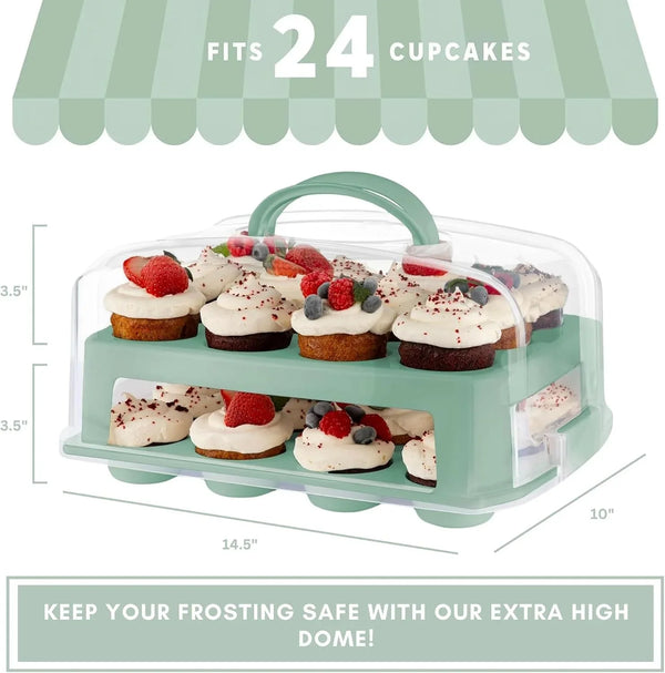 EXTRA TALL DOME 24 Cupcake Carrier, Green Cupcake Holder Carries 24 Cupcake Storage Container, Muffin Traveler Two Tier Stand Reusable Cupcake Box5