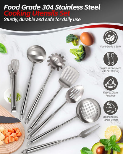 304 Stainless Steel Kitchen Utensils Set, 11PCS All Metal Cooking Tools Set with Tongs, Turner, Ladle, Skimmer & Serving Spoon, 15" Long Handle Dishwasher Safe Kitchen Utensil Starter Set4