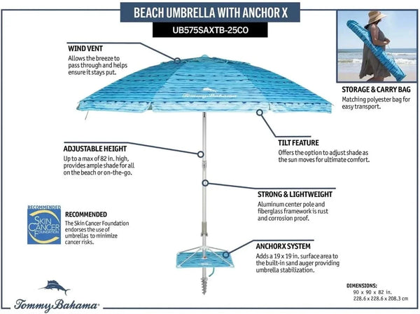 T0MMY BAHAMA 8 Ft Beach Umbrella with Wind Vent and Sand Anchor7
